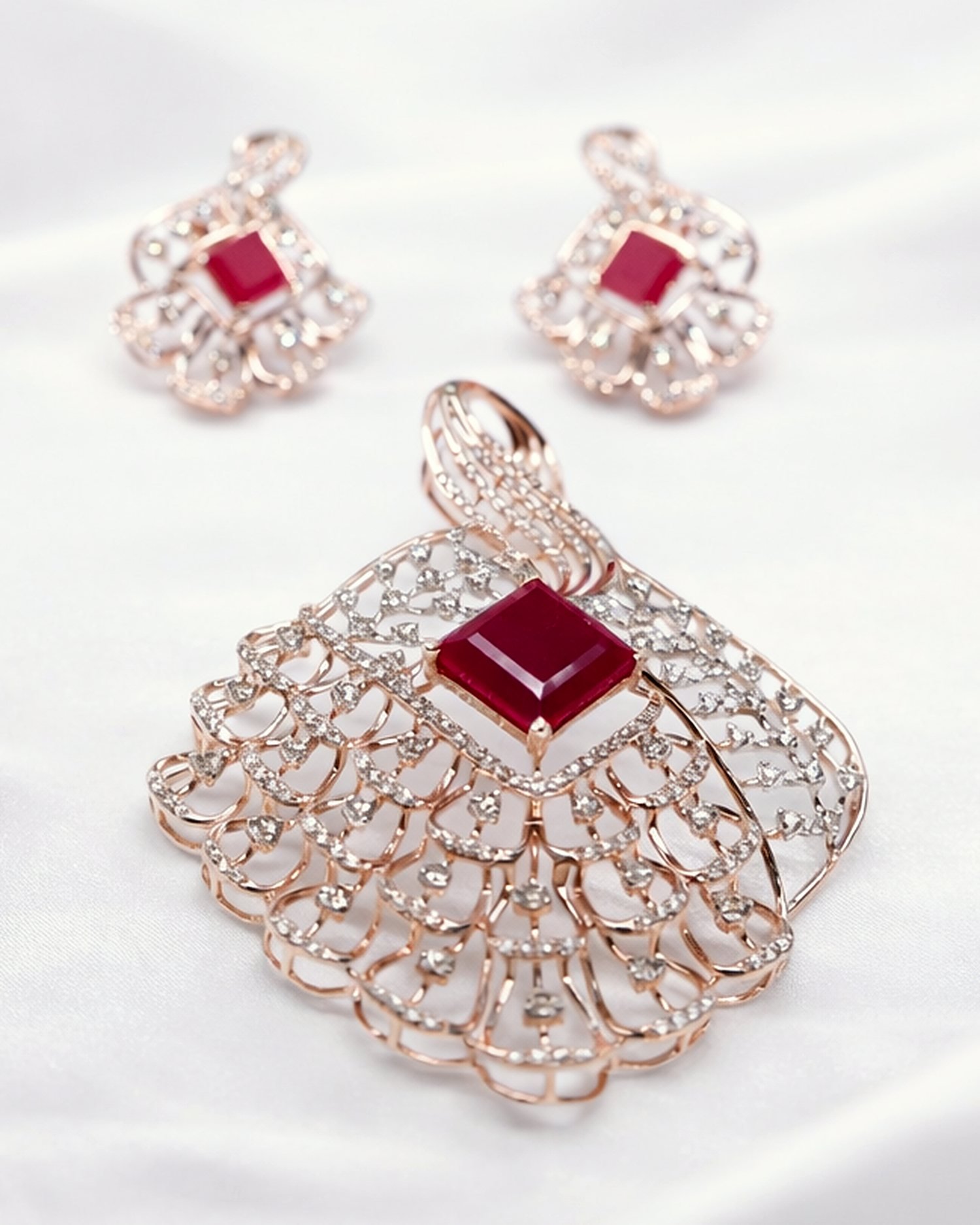 Ruby and diamond pendant set on satin