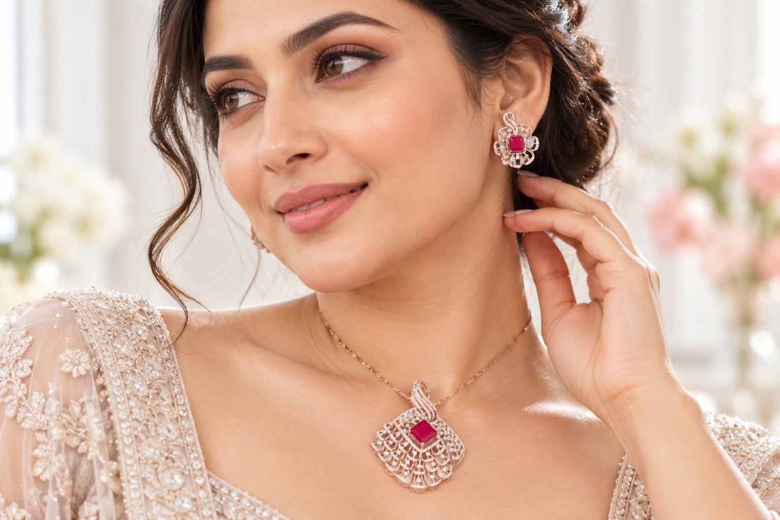 Model wearing the Ruby Fan Pendant Set